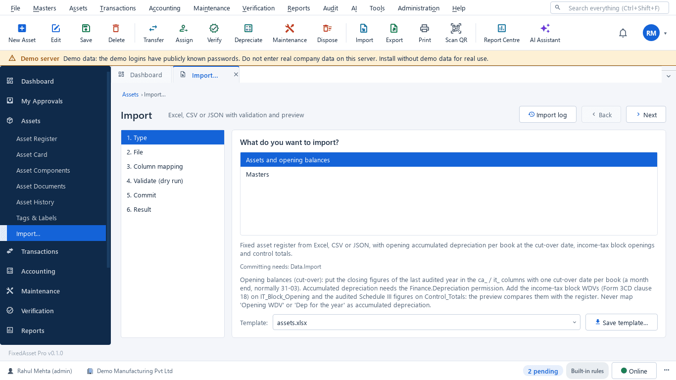 Import wizard with column mapping, dry-run validation and an error report before the all-or-nothing commit