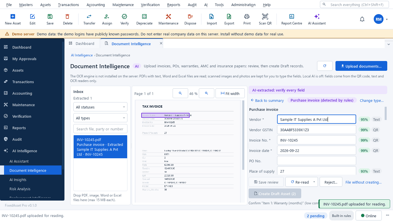 Document Intelligence screen reading a purchase invoice into asset fields with confidence indicators for review