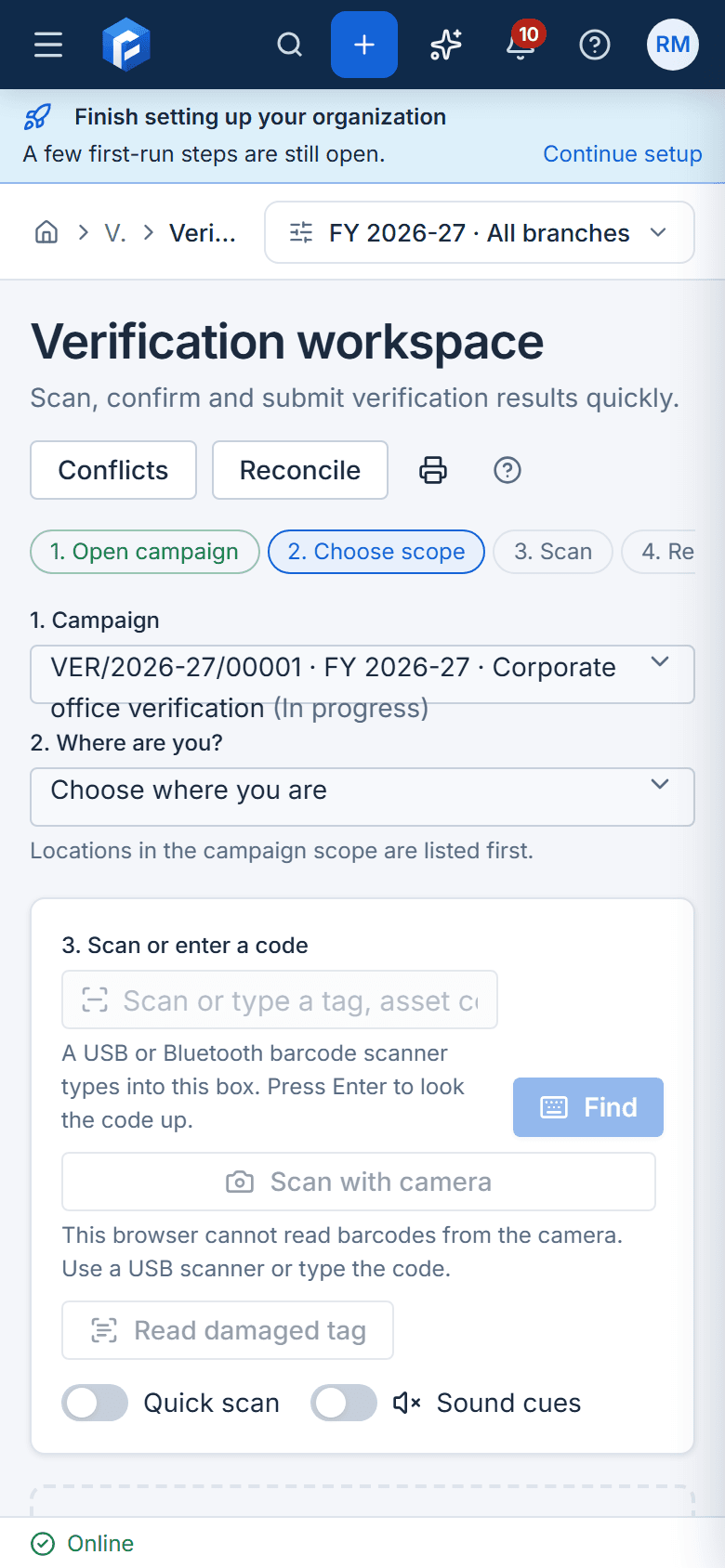 Verify & Count screen: scan or type a code, camera scanning, the asset found with its expected location and custodian, and the proposed result
