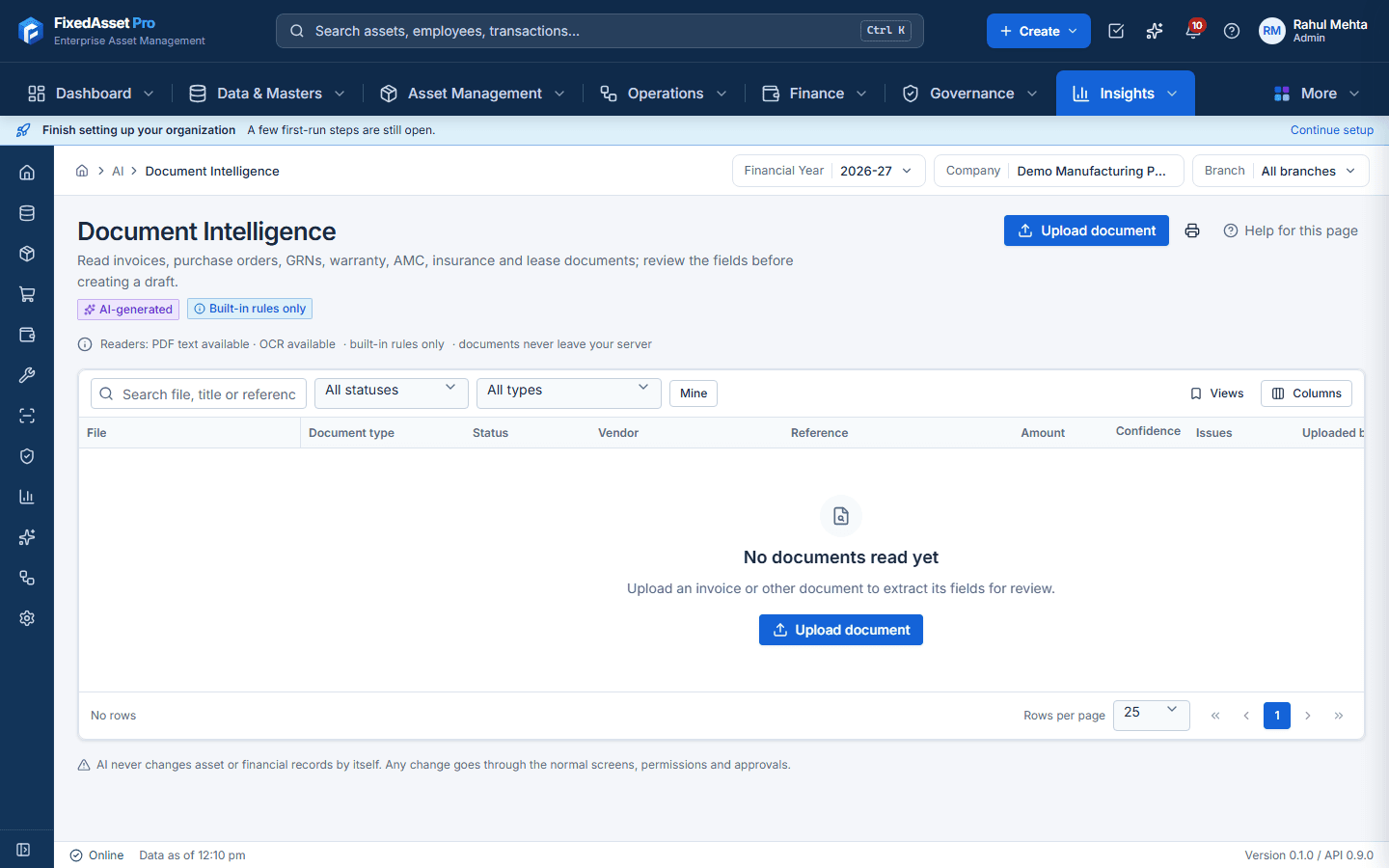 Document Intelligence screen reading a purchase invoice into asset fields with confidence indicators for review